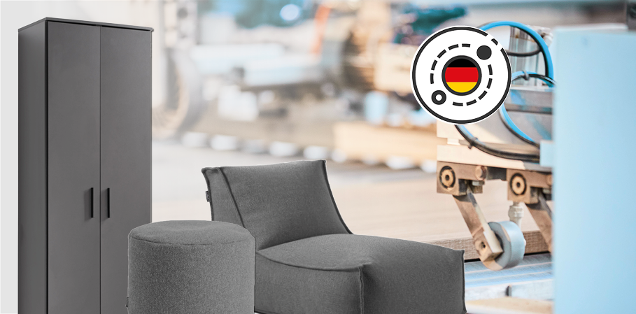 Zitzakken, poefs, opbergkasten en ladekasten gemaakt in Duitsland.