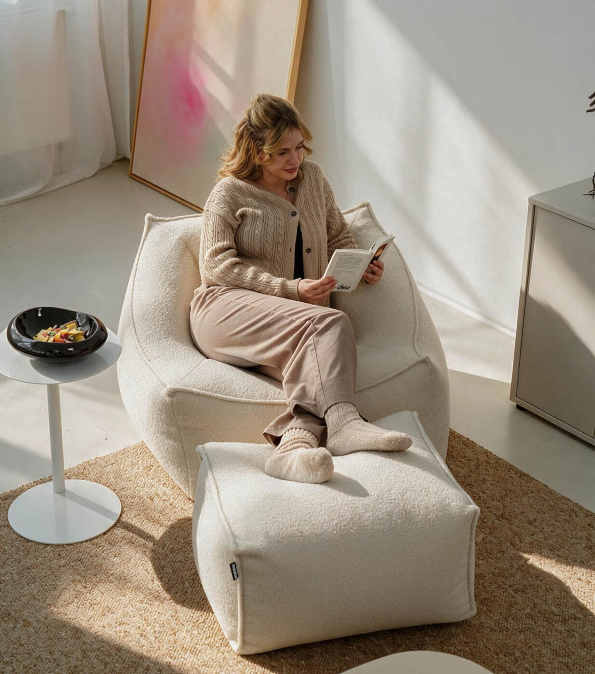 'Snug' Bouclé bean bag armchair reading chair