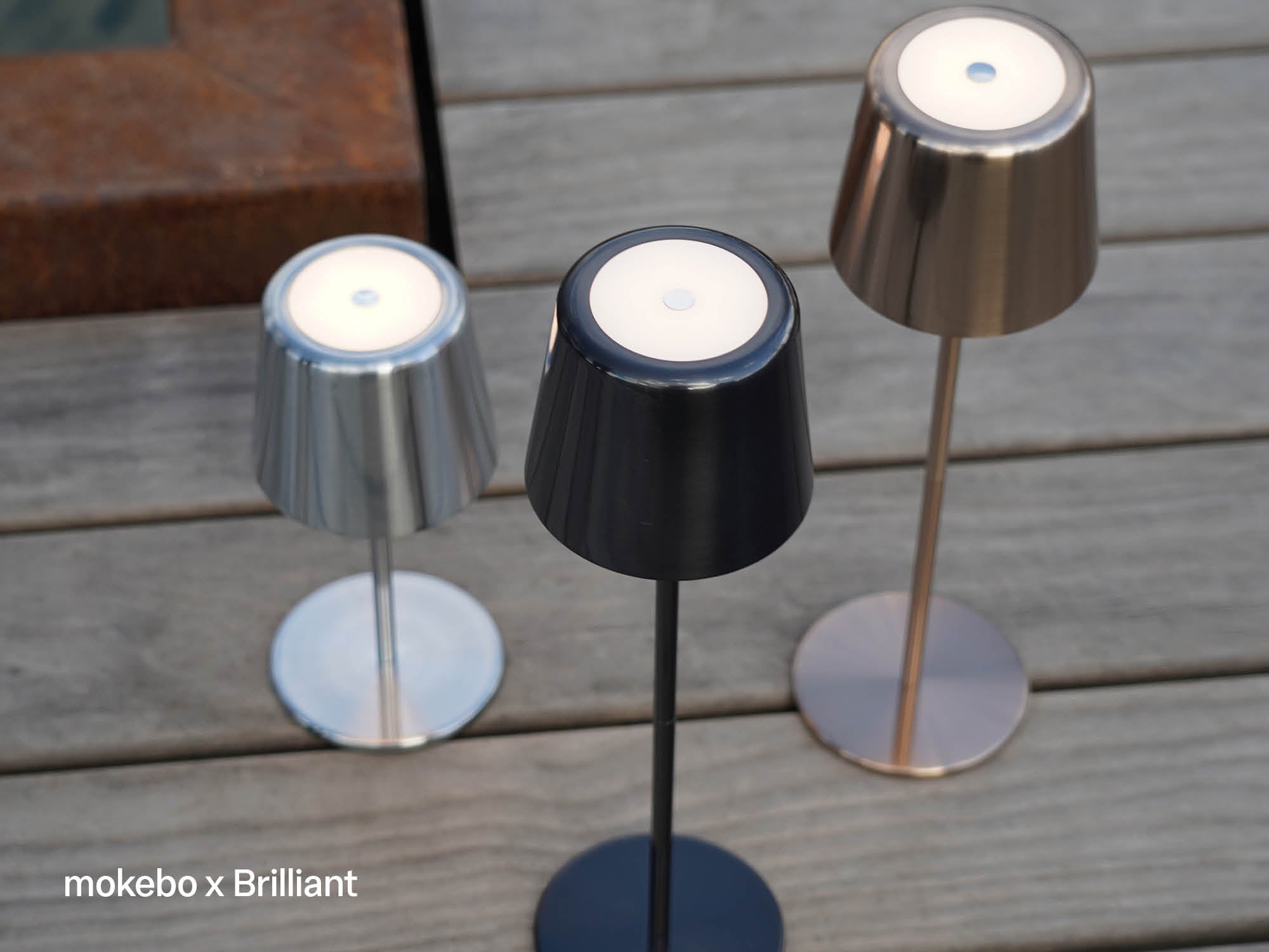 drei Outdoor Lampen Kabellose Außentischleuchten 'Xaana' in silber, schwarz und kupfer 
