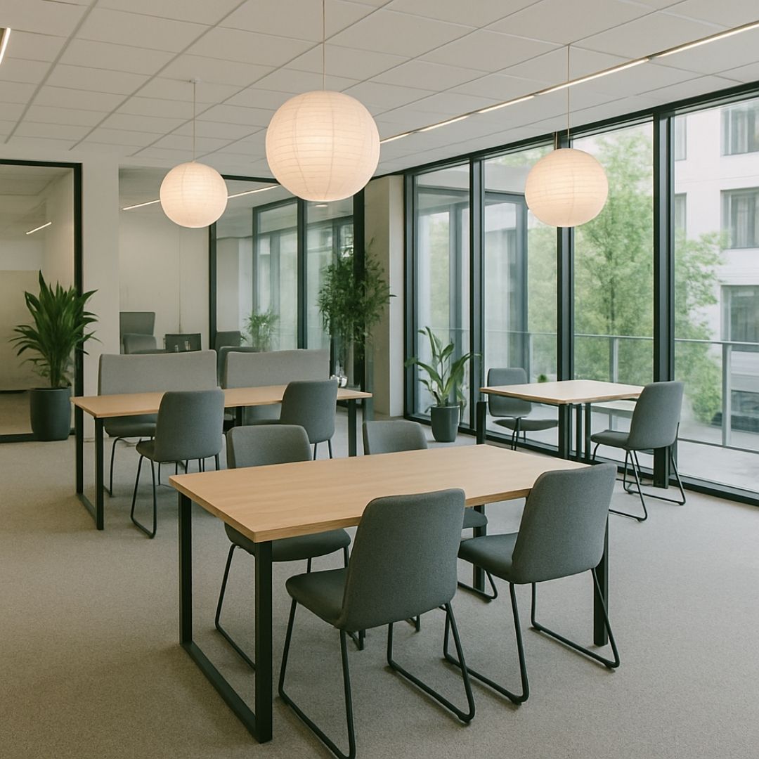 Büro Raum Holztische mit grauen Stühlen 