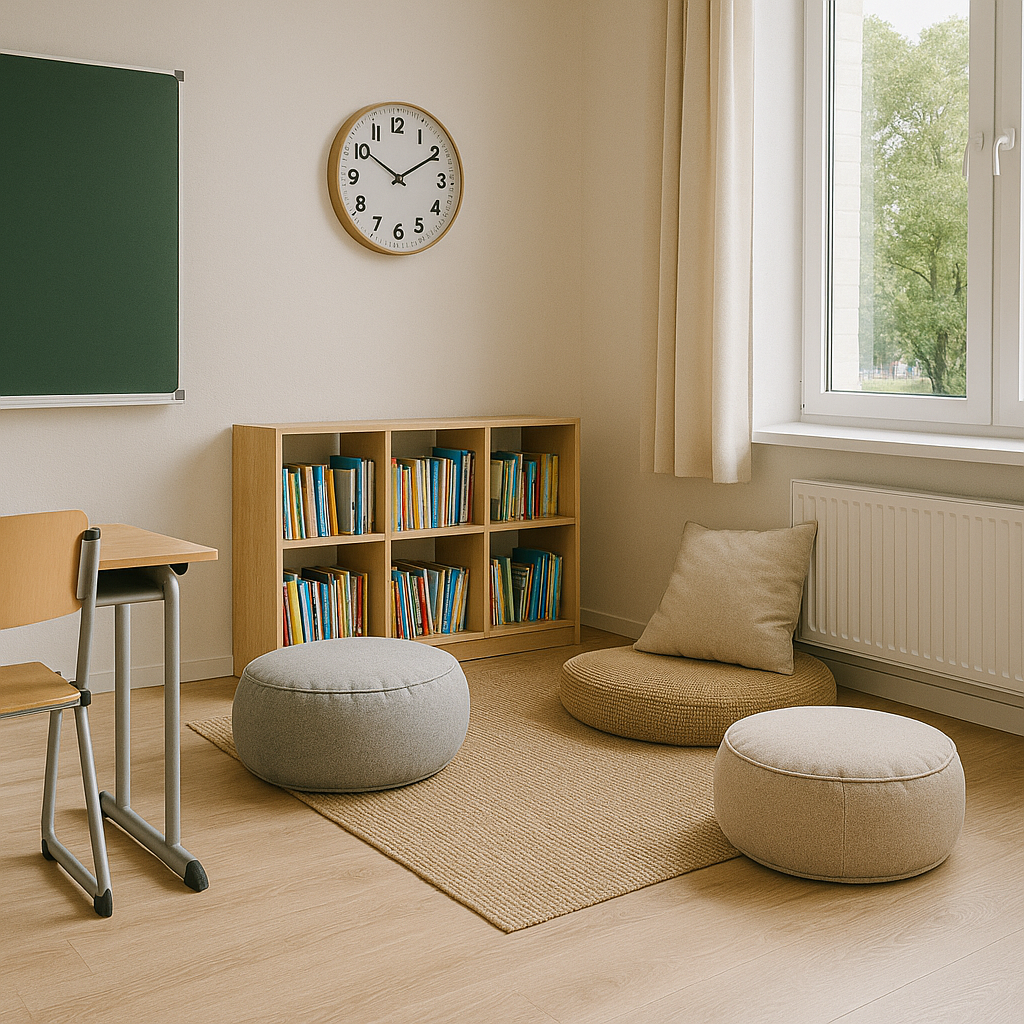Klassenzimmer Schule mit Sitzsäcken und Poufs 