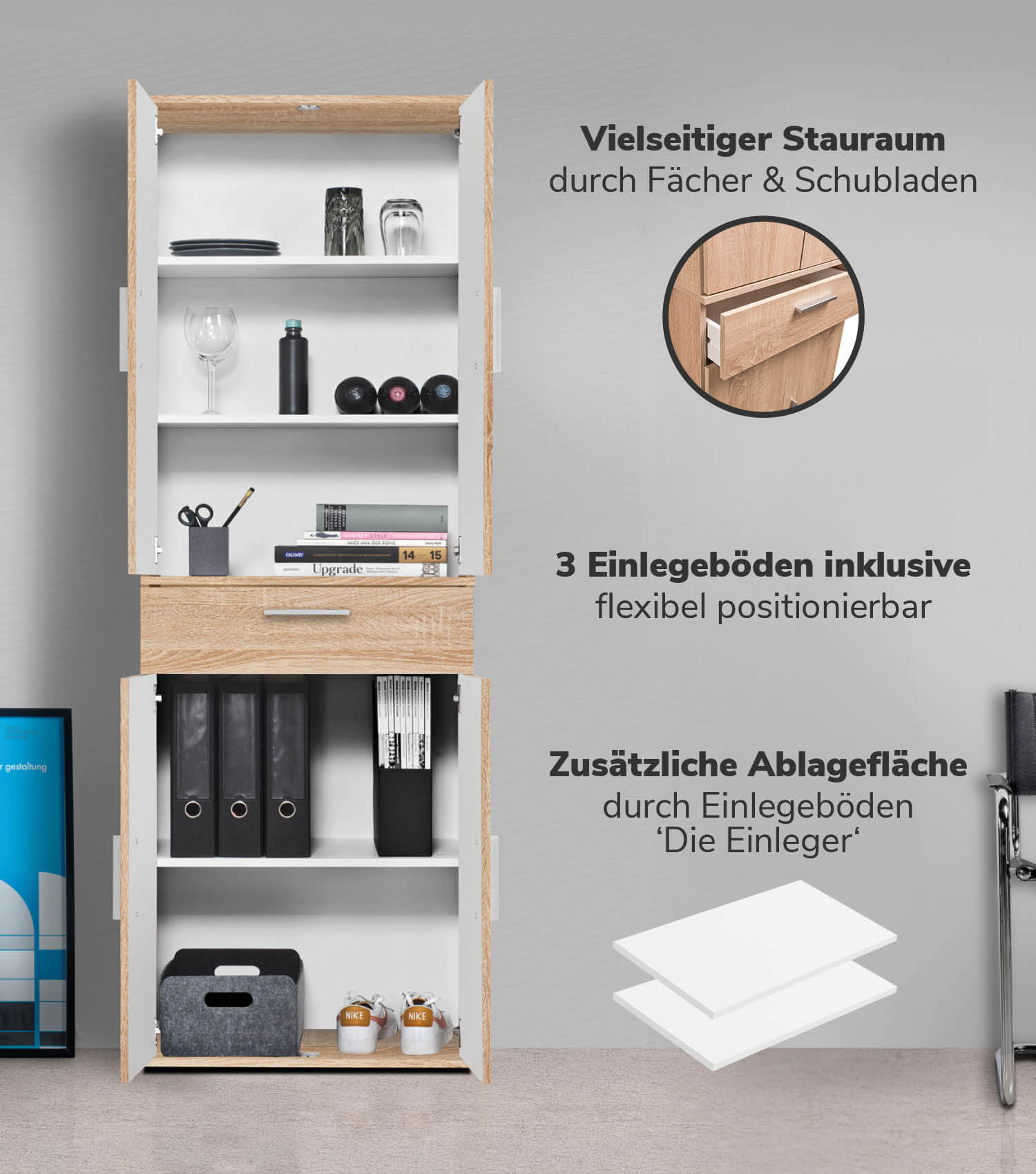 Mehrzweckschrank + Schubladen 'Der Praktische' Aktenschrank Schuhschrank